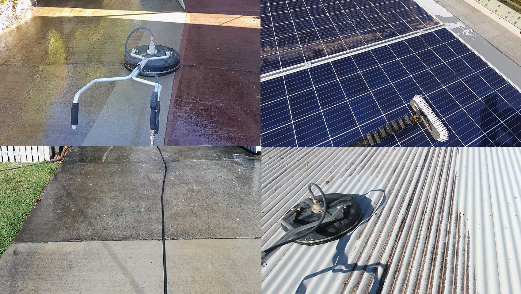 Collage of pressure cleaning machine on different surfaces