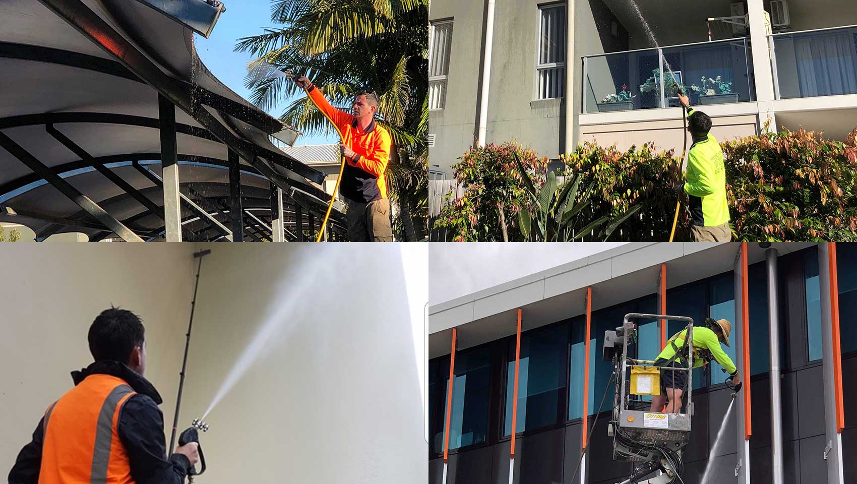 Collage of Steve pressure cleaning different buildings