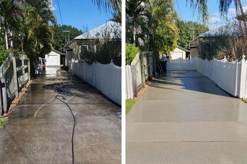 Pebbled concrete driveway before and after
