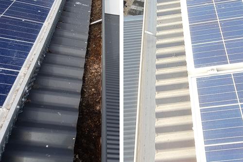 Before and after dirty gutters next to solar panel on roof
