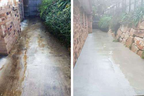 Side concrete pathway before and after pressure cleaning