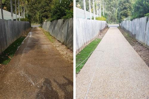 Long backyard footpath before and after pressure cleaning