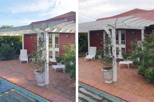 Quaint patio area before and after pressure cleaning