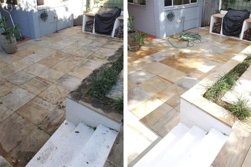 Very dirty patio stone tiled area before and after pressure cleaning