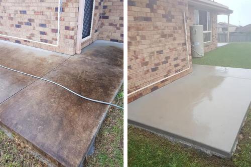 bacyard concrete slab before and after pressure cleaning