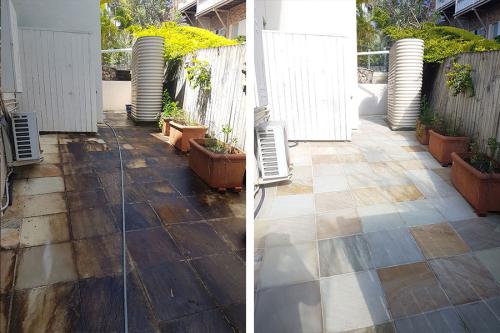 Outdoor backyard path and courtyard before and after