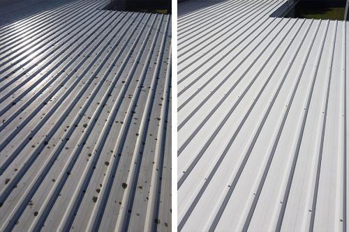 Corrugated tin roof before and after pressure cleaning