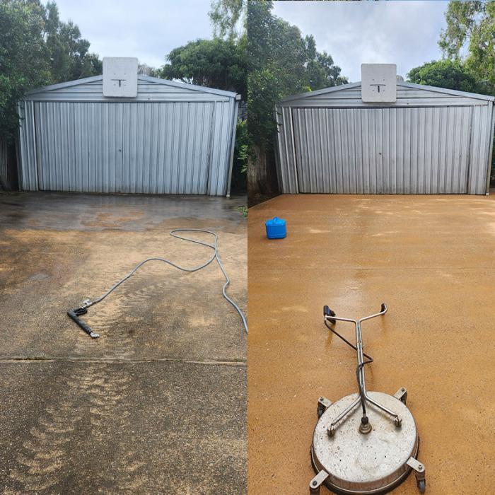 Before and after pressure cleaning shot of driveway