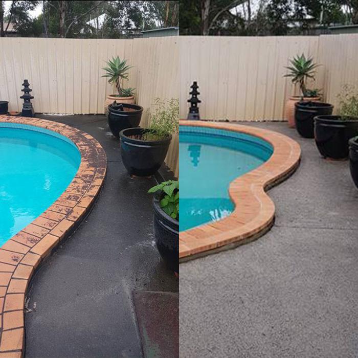 Before and after of pressure cleaning pool area