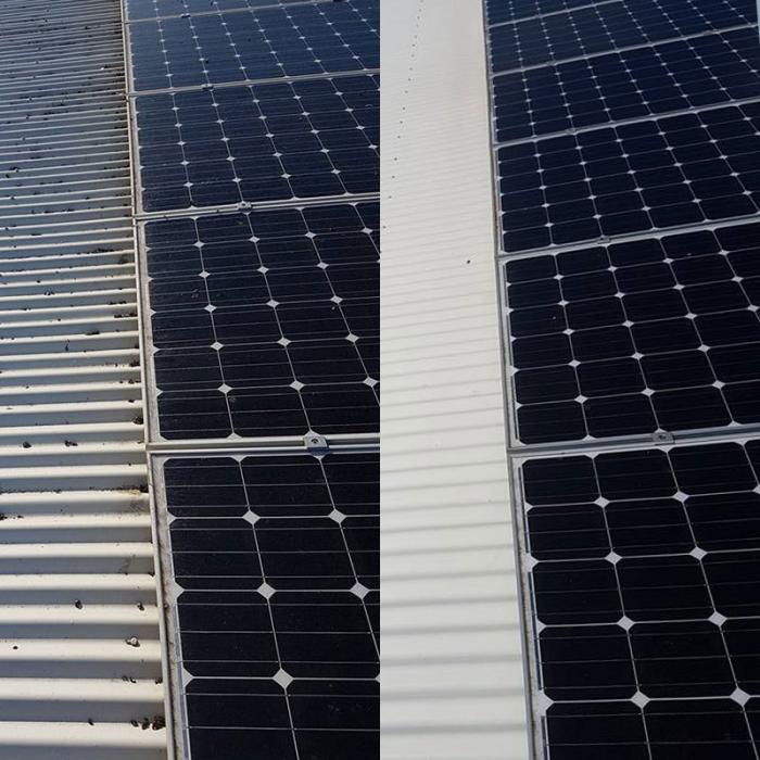 Before and after photo of solar panel cleaning